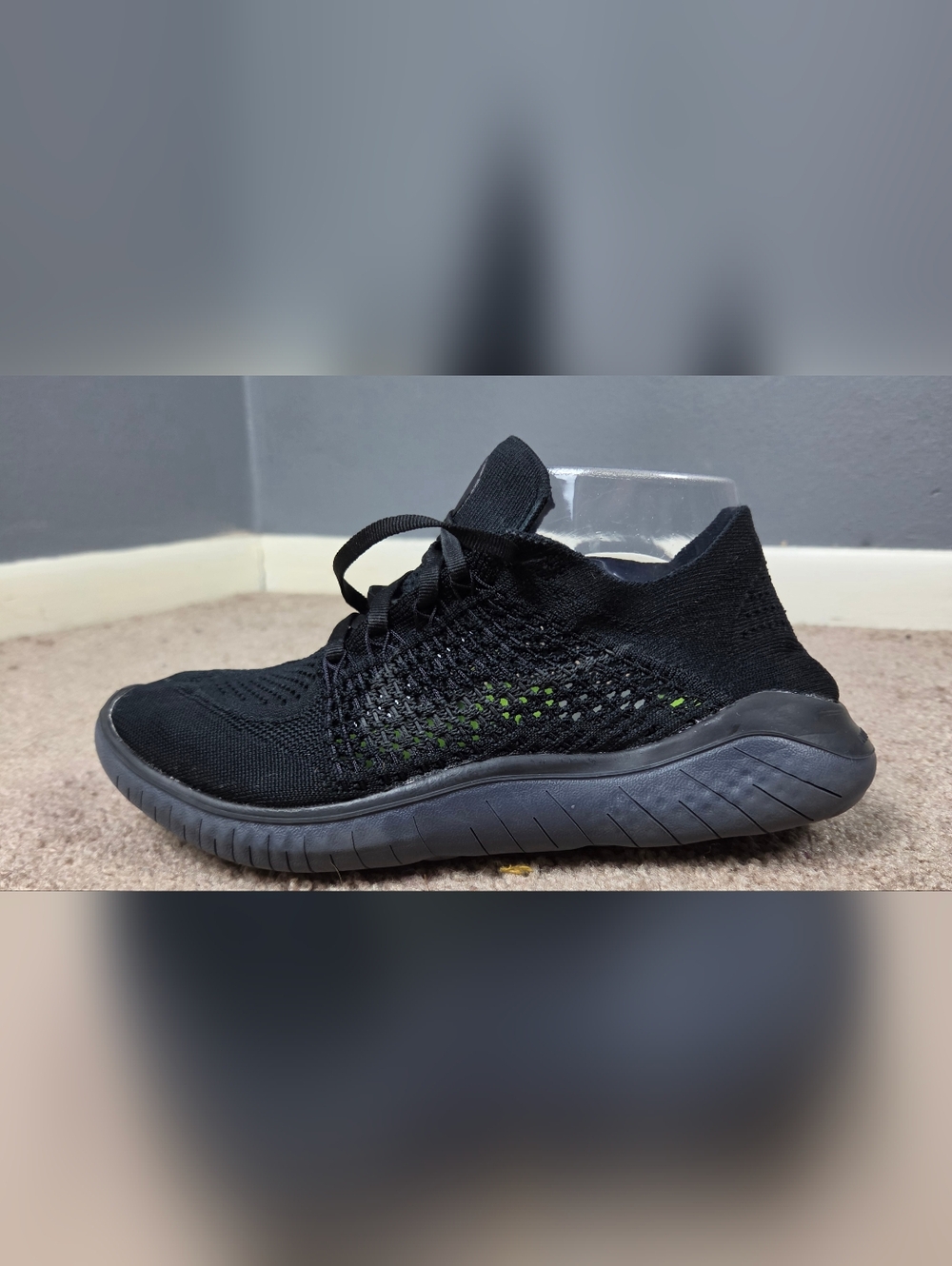 Nike Men's Black Knit Running Shoes with Green Accents